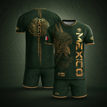 SJ-338-Mexico Concept Soccer Jersey Collection, Aztec Calendar Gold Print Athletic Sportswear Apparel Set