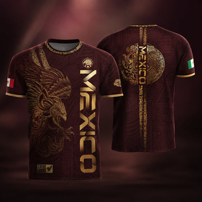 SJ-338-Mexico Concept Soccer Jersey Collection, Aztec Calendar Gold Print Athletic Sportswear Apparel Set