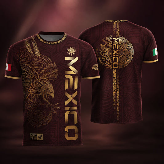 SJ-338-Mexico Concept Soccer Jersey Collection, Aztec Calendar Gold Print Athletic Sportswear Apparel Set