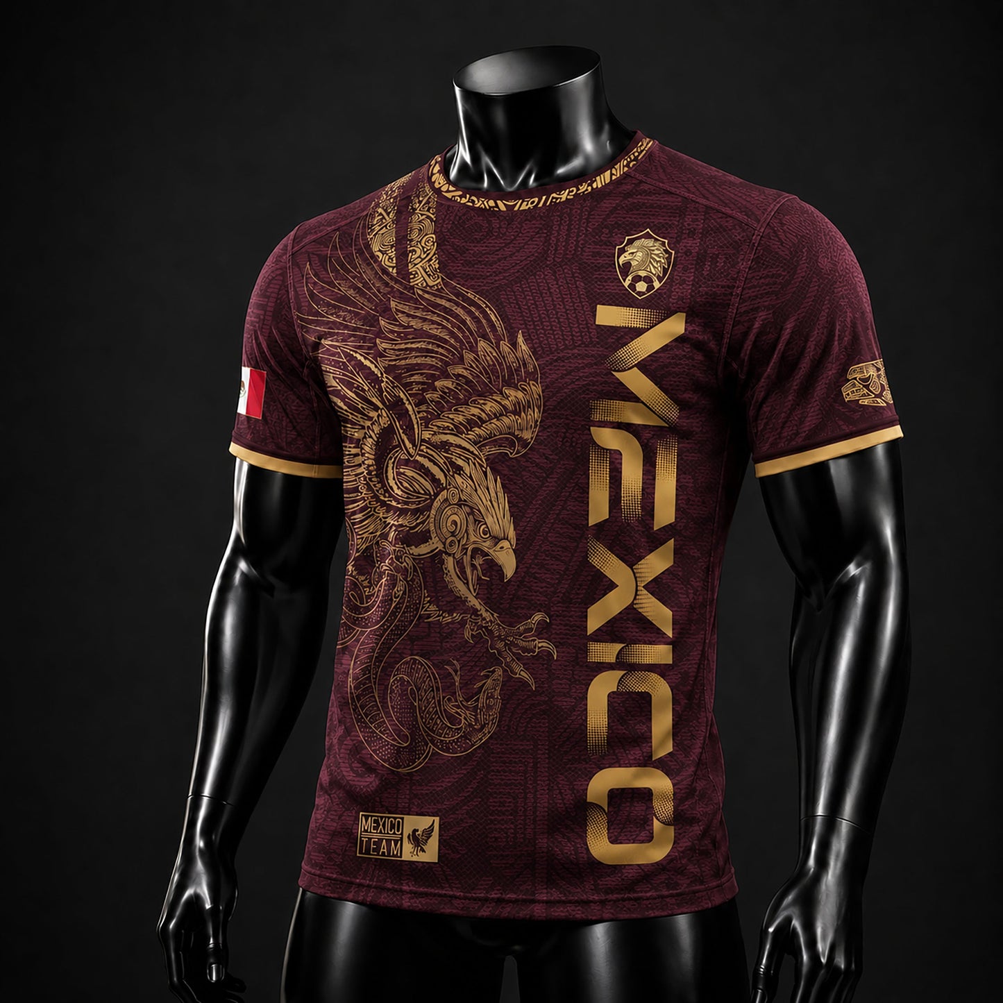 SJ-338-Mexico Concept Soccer Jersey Collection, Aztec Calendar Gold Print Athletic Sportswear Apparel Set