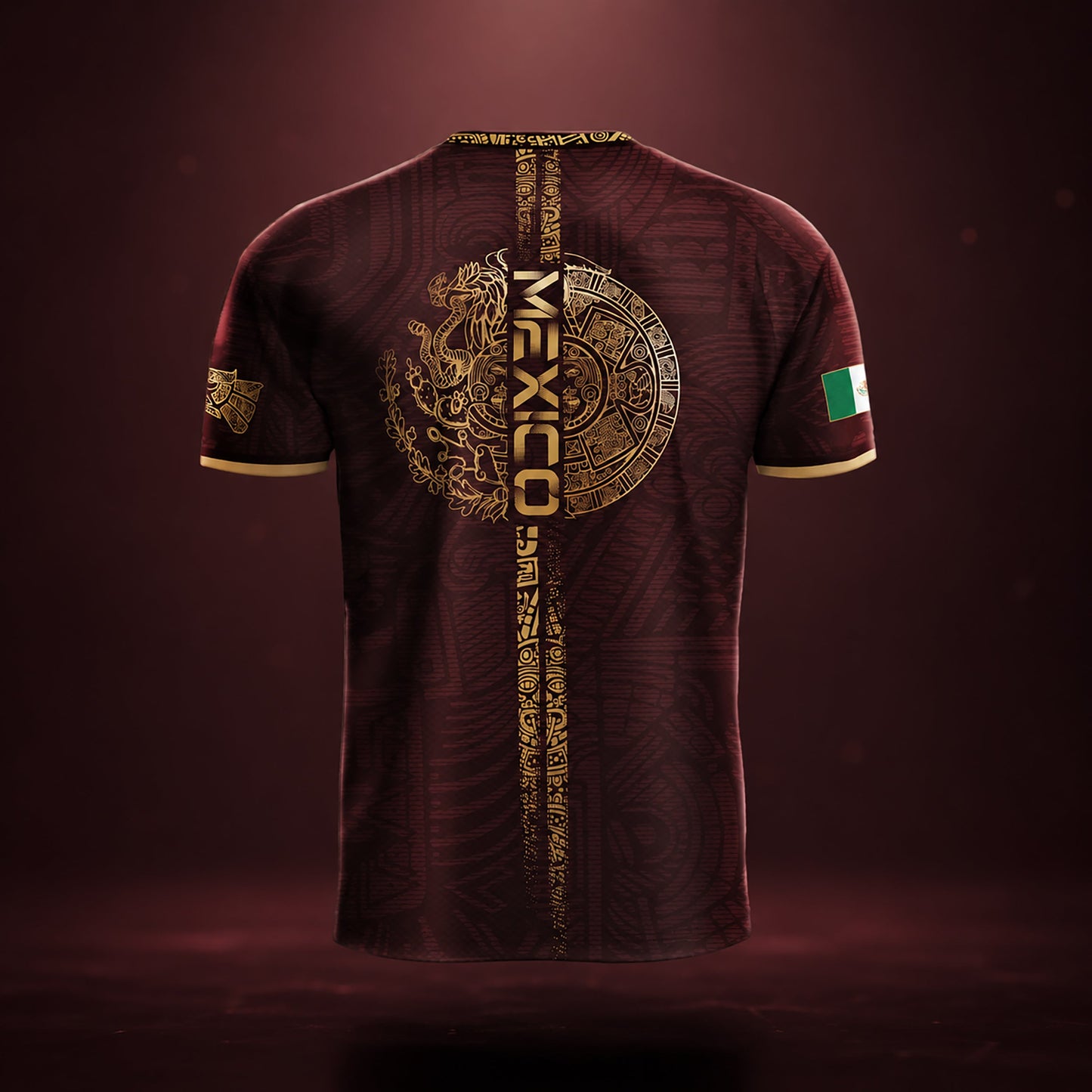 SJ-338-Mexico Concept Soccer Jersey Collection, Aztec Calendar Gold Print Athletic Sportswear Apparel Set