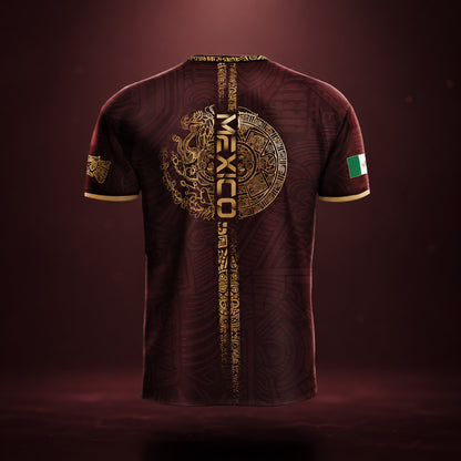 SJ-338-Mexico Concept Soccer Jersey Collection, Aztec Calendar Gold Print Athletic Sportswear Apparel Set