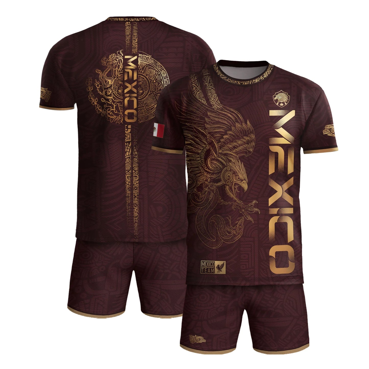 SJ-338-Mexico Concept Soccer Jersey Collection, Aztec Calendar Gold Print Athletic Sportswear Apparel Set