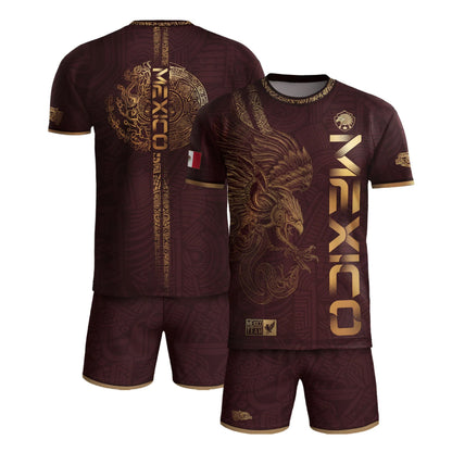 SJ-338-Mexico Concept Soccer Jersey Collection, Aztec Calendar Gold Print Athletic Sportswear Apparel Set