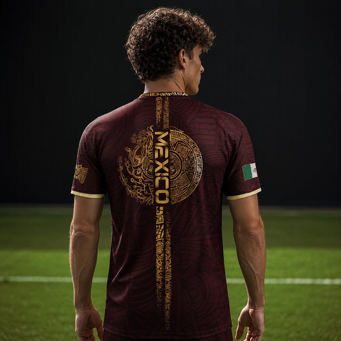 SJ-338-Mexico Concept Soccer Jersey Collection, Aztec Calendar Gold Print Athletic Sportswear Apparel Set