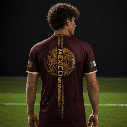 SJ-338-Mexico Concept Soccer Jersey Collection, Aztec Calendar Gold Print Athletic Sportswear Apparel Set