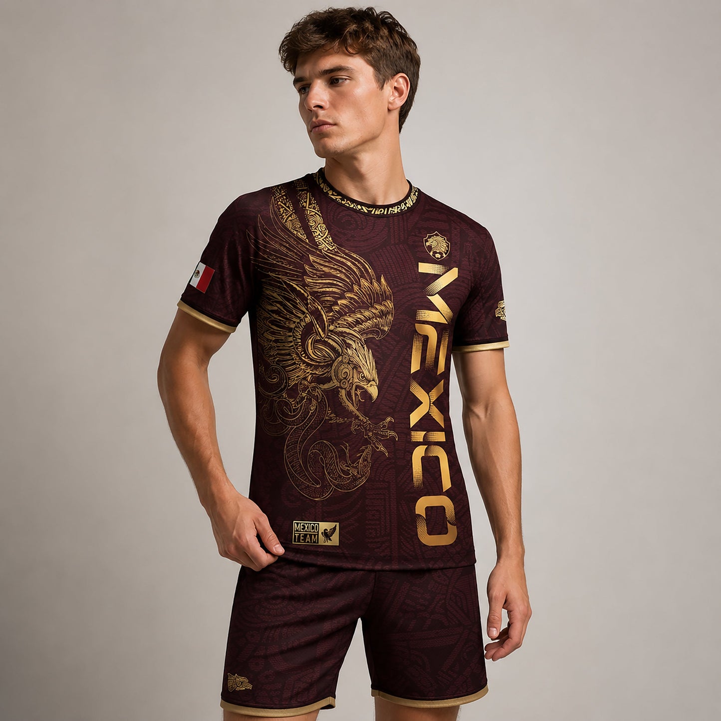SJ-338-Mexico Concept Soccer Jersey Collection, Aztec Calendar Gold Print Athletic Sportswear Apparel Set