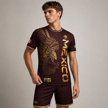 SJ-338-Mexico Concept Soccer Jersey Collection, Aztec Calendar Gold Print Athletic Sportswear Apparel Set