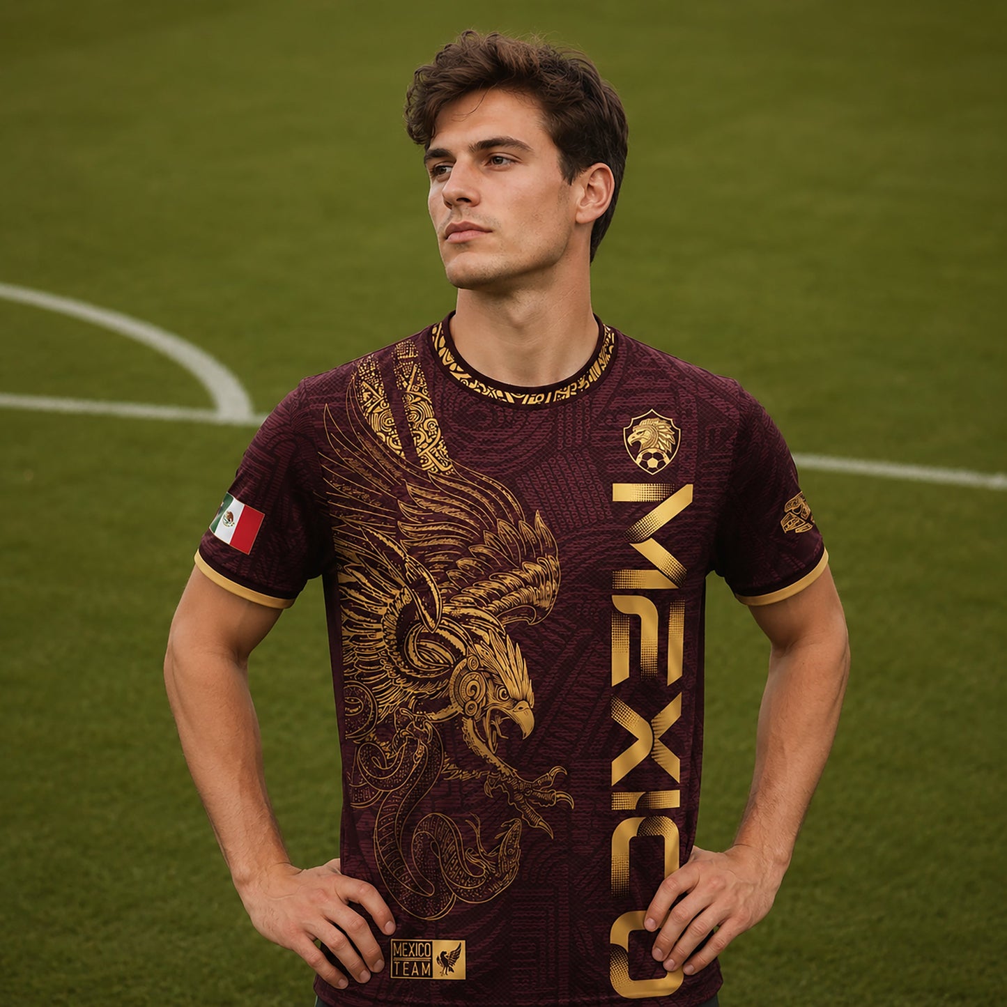 SJ-338-Mexico Concept Soccer Jersey Collection, Aztec Calendar Gold Print Athletic Sportswear Apparel Set