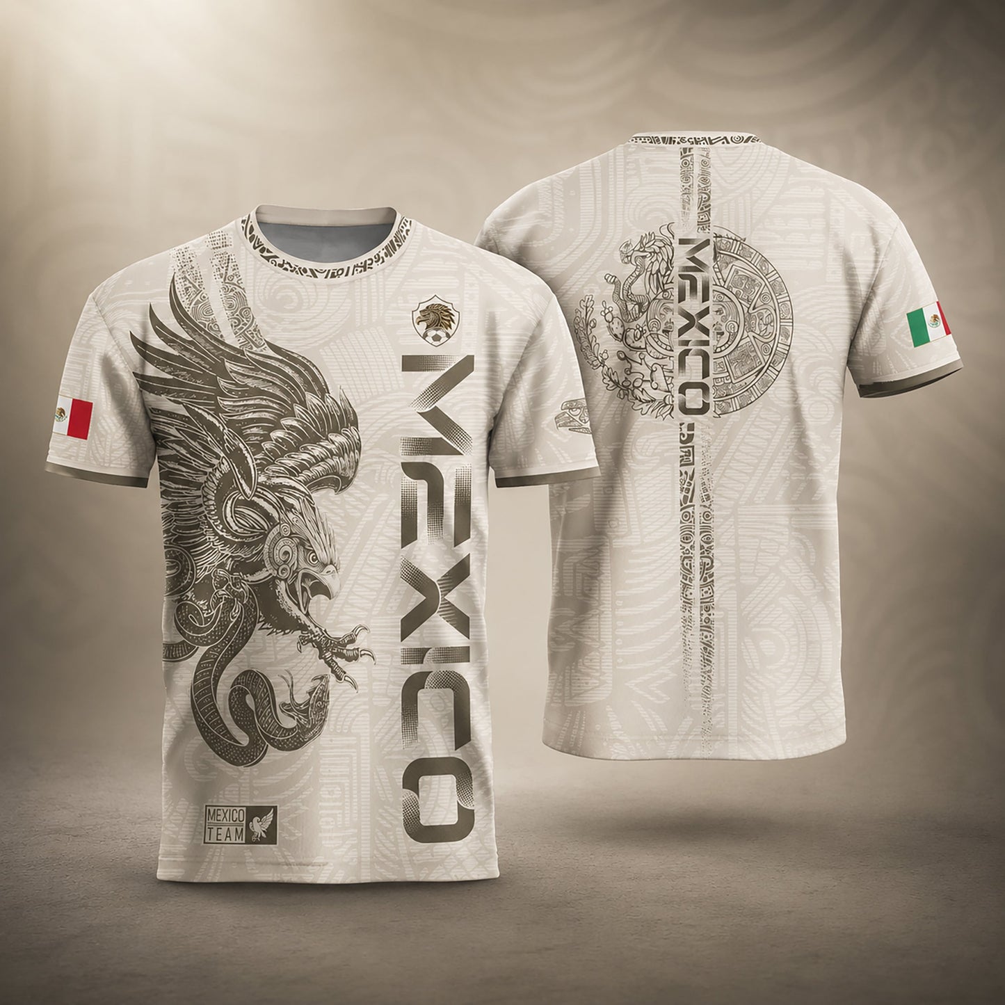 SJ-338-Mexico Concept Soccer Jersey Collection, Aztec Calendar Gold Print Athletic Sportswear Apparel Set