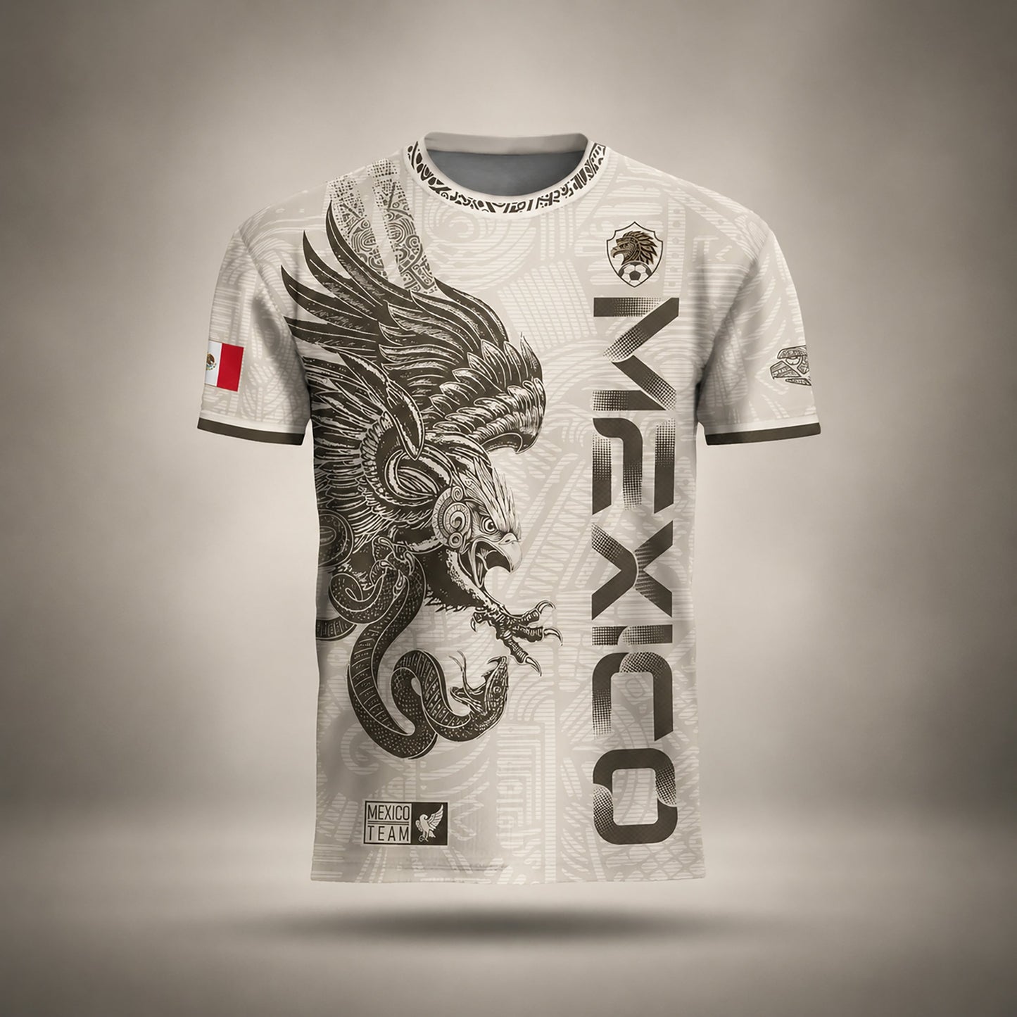 SJ-338-Mexico Concept Soccer Jersey Collection, Aztec Calendar Gold Print Athletic Sportswear Apparel Set