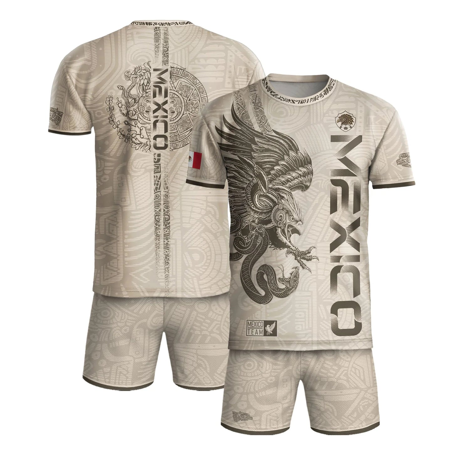 SJ-338-Mexico Concept Soccer Jersey Collection, Aztec Calendar Gold Print Athletic Sportswear Apparel Set
