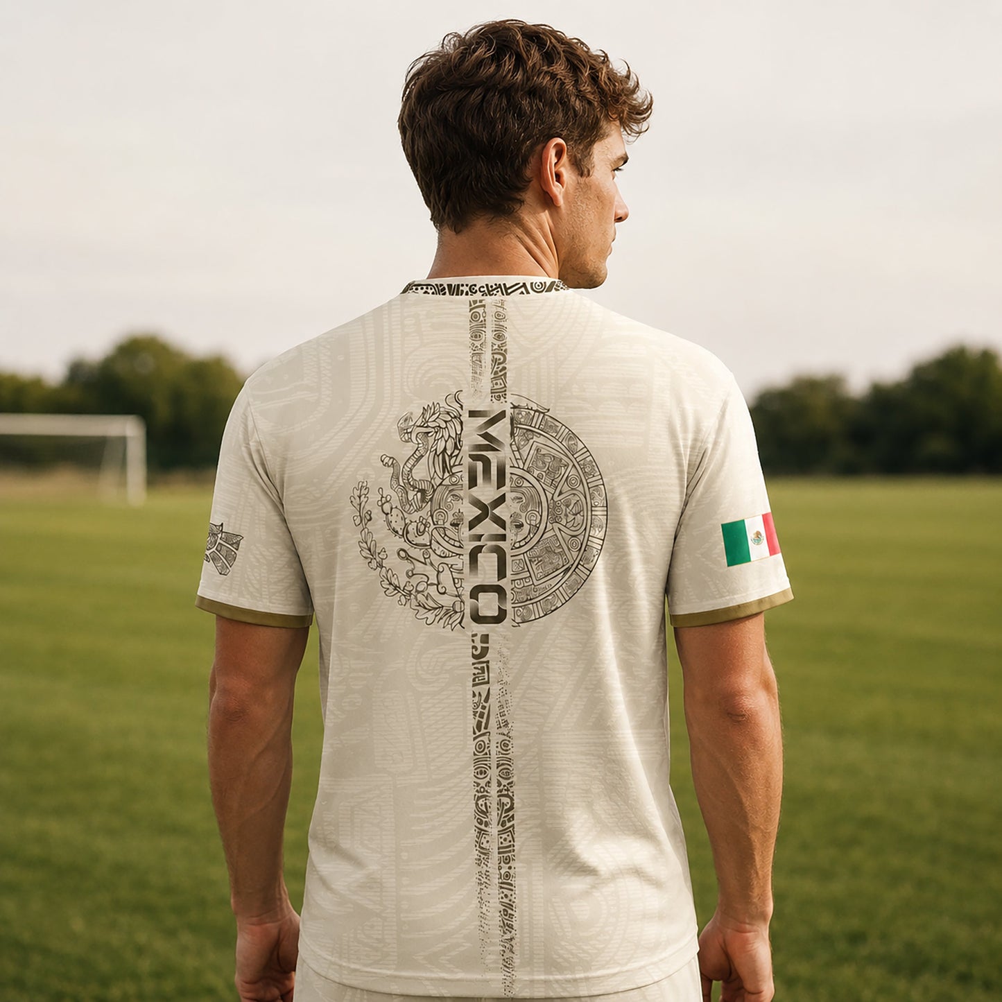 SJ-338-Mexico Concept Soccer Jersey Collection, Aztec Calendar Gold Print Athletic Sportswear Apparel Set