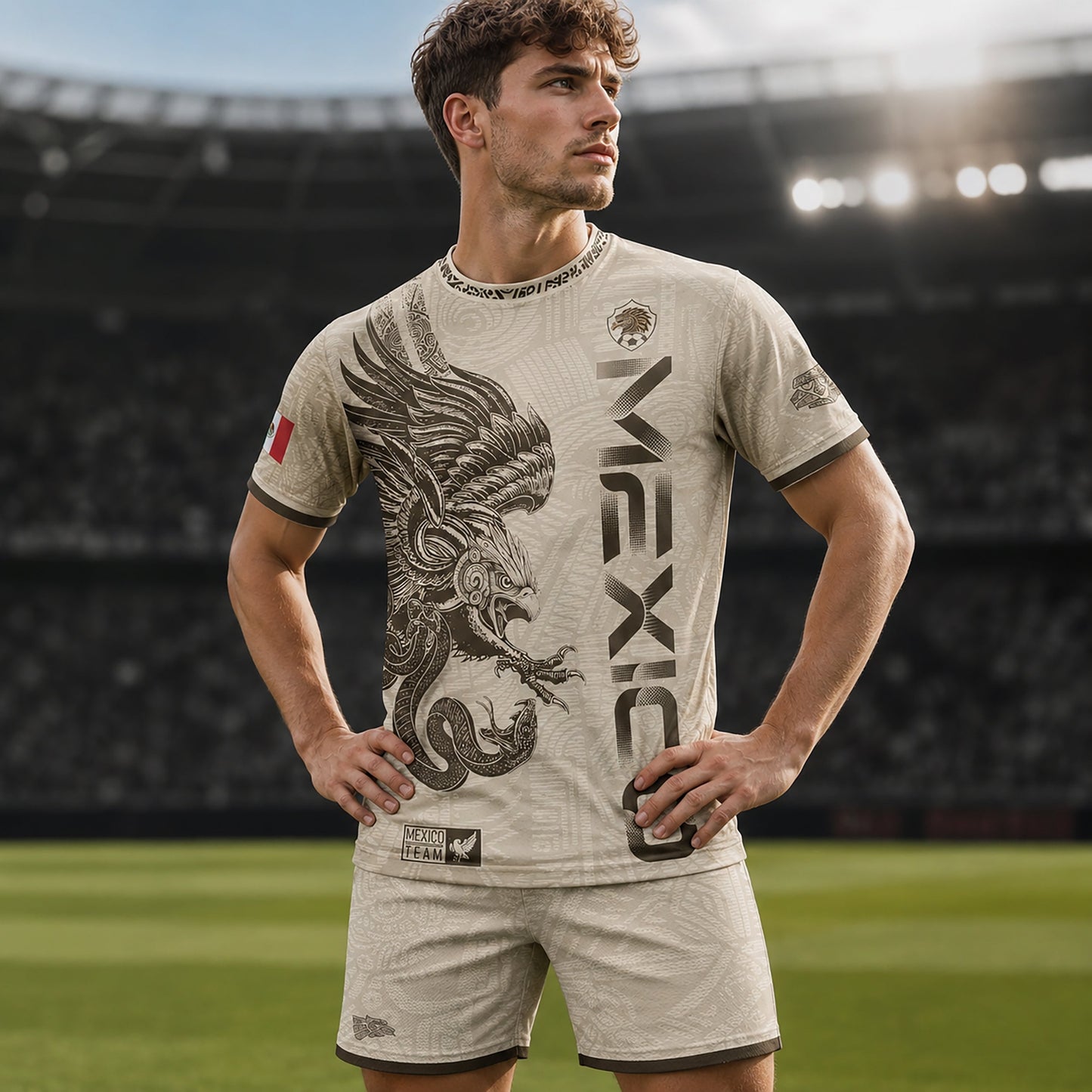 SJ-338-Mexico Concept Soccer Jersey Collection, Aztec Calendar Gold Print Athletic Sportswear Apparel Set