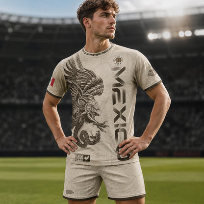 SJ-338-Mexico Concept Soccer Jersey Collection, Aztec Calendar Gold Print Athletic Sportswear Apparel Set