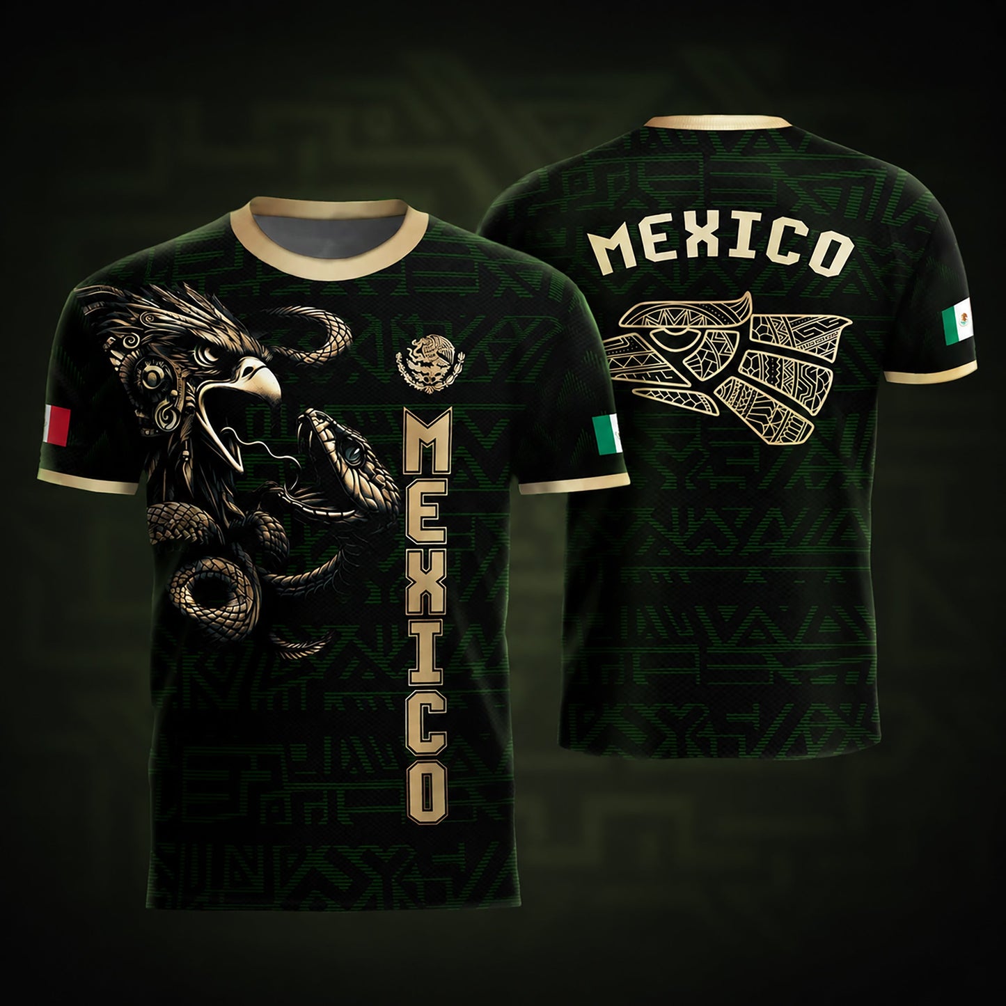 SJ-340-Mexico Aztec Eagle Soccer Jersey Set, Gold Calendar Football Shirts Sportswear Collection