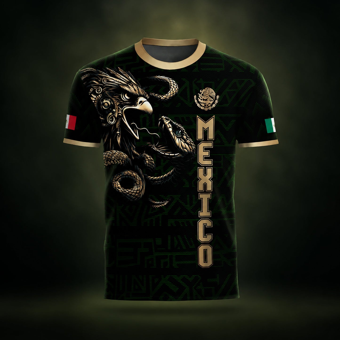 SJ-340-Mexico Aztec Eagle Soccer Jersey Set, Gold Calendar Football Shirts Sportswear Collection