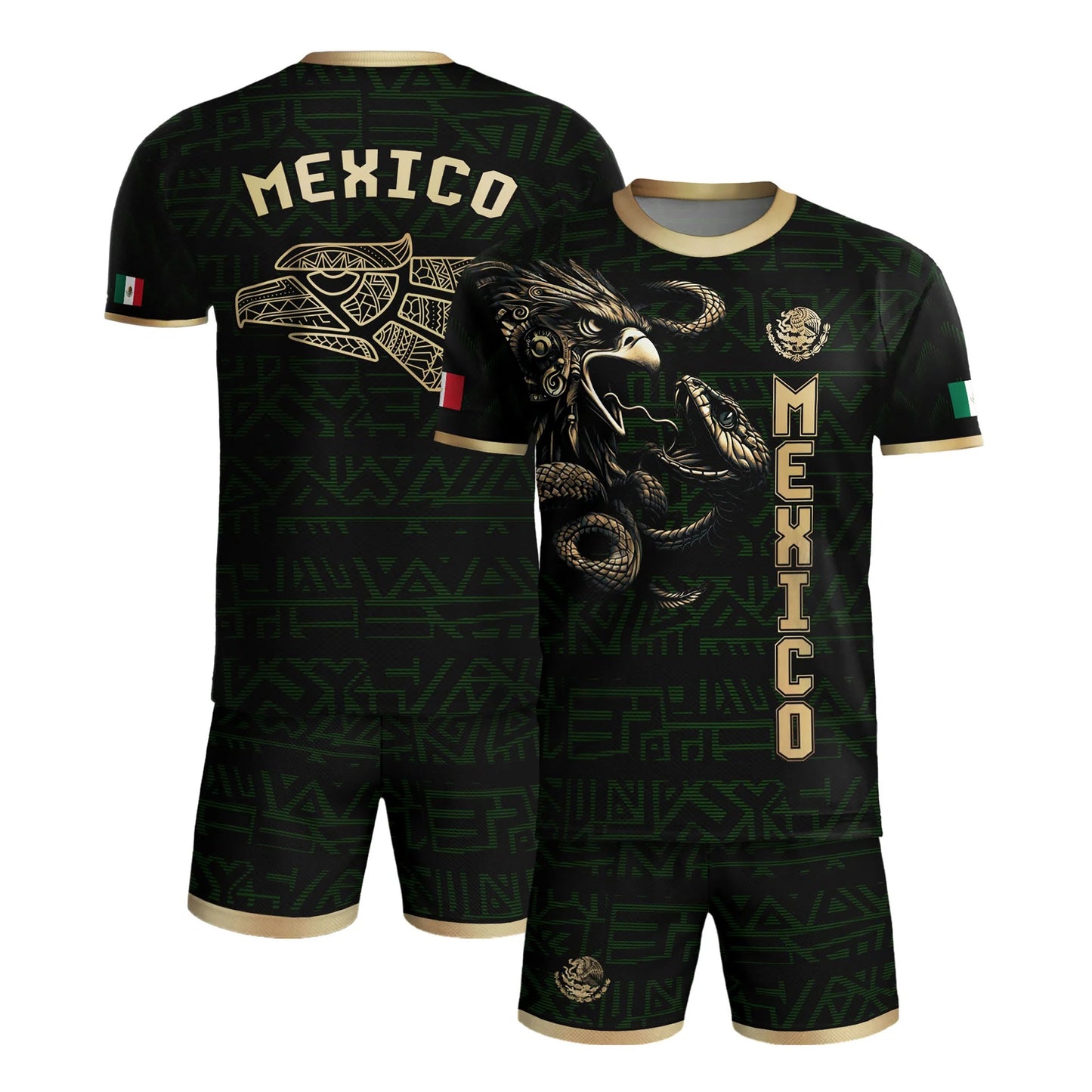 SJ-340-Mexico Aztec Eagle Soccer Jersey Set, Gold Calendar Football Shirts Sportswear Collection