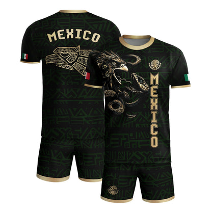 SJ-340-Mexico Aztec Eagle Soccer Jersey Set, Gold Calendar Football Shirts Sportswear Collection