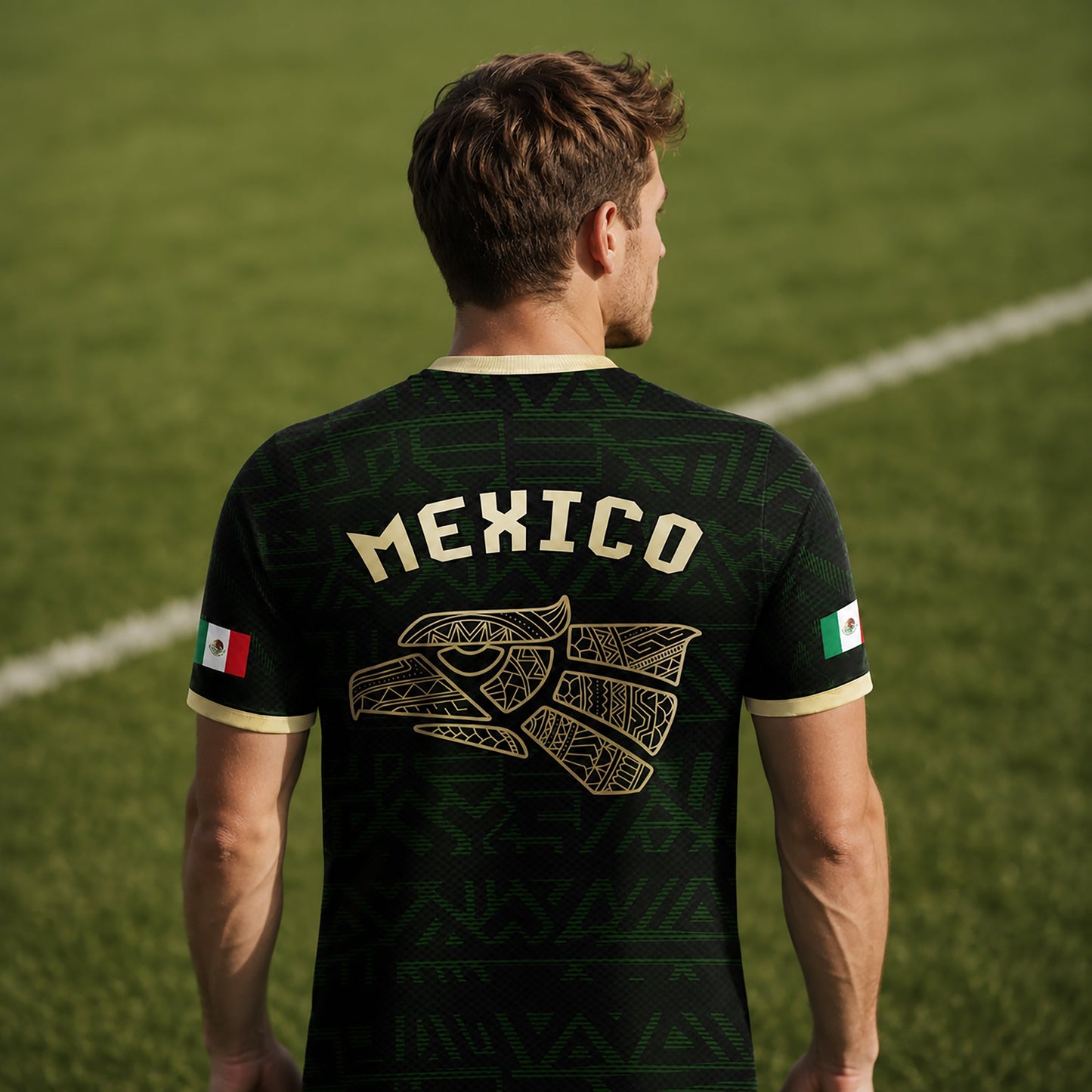 SJ-340-Mexico Aztec Eagle Soccer Jersey Set, Gold Calendar Football Shirts Sportswear Collection