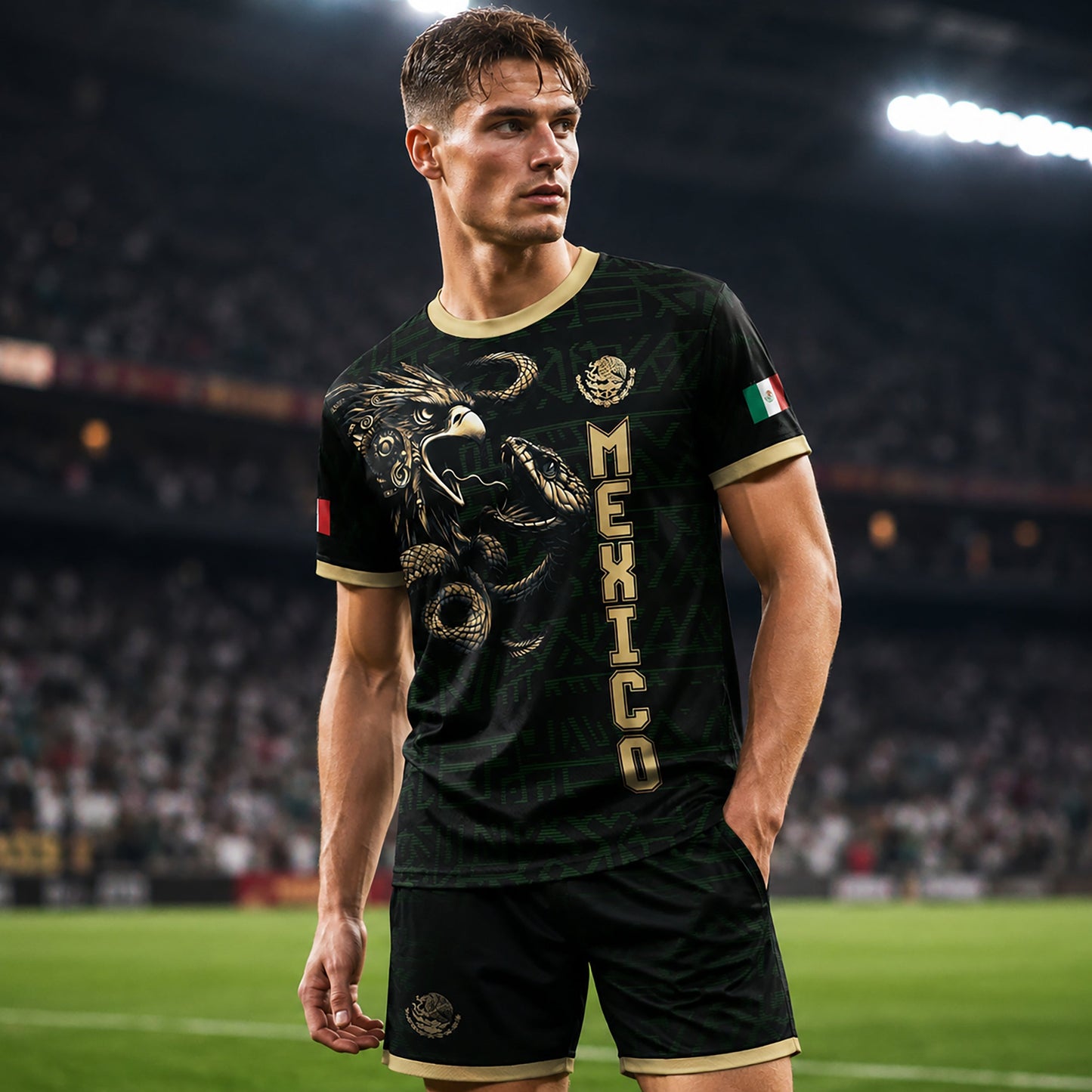 SJ-340-Mexico Aztec Eagle Soccer Jersey Set, Gold Calendar Football Shirts Sportswear Collection