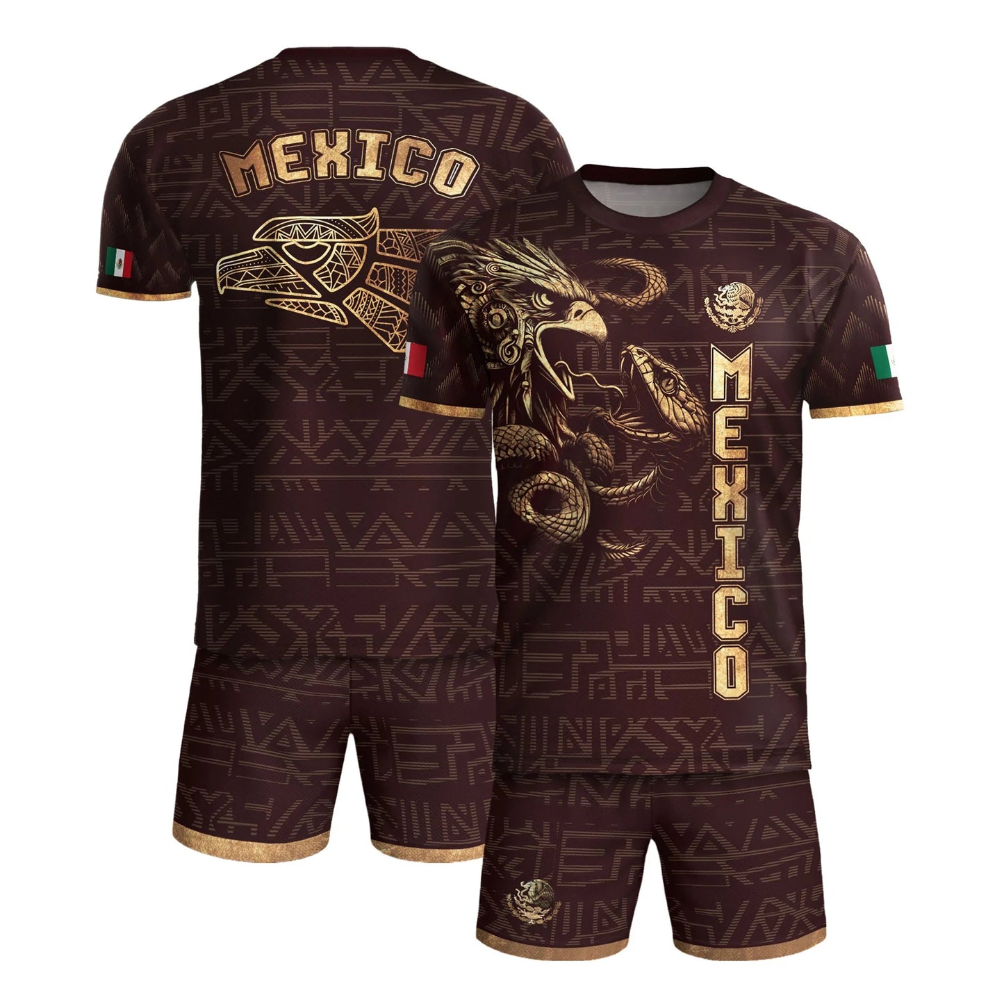 SJ-340-Mexico Aztec Eagle Soccer Jersey Set, Gold Calendar Football Shirts Sportswear Collection
