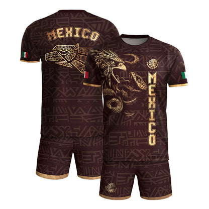 SJ-340-Mexico Aztec Eagle Soccer Jersey Set, Gold Calendar Football Shirts Sportswear Collection