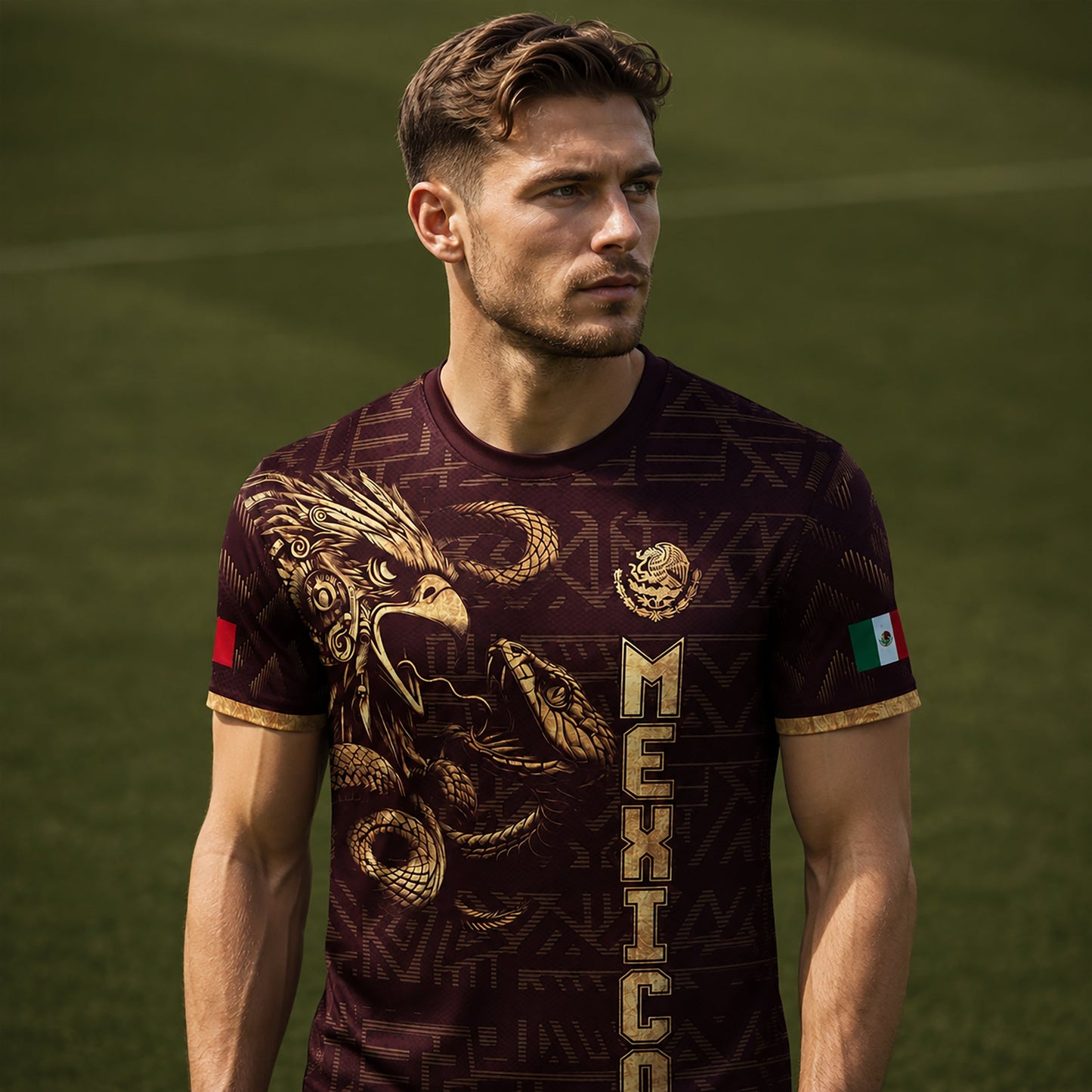 SJ-340-Mexico Aztec Eagle Soccer Jersey Set, Gold Calendar Football Shirts Sportswear Collection