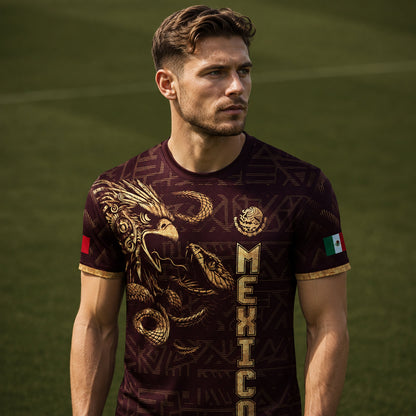 SJ-340-Mexico Aztec Eagle Soccer Jersey Set, Gold Calendar Football Shirts Sportswear Collection