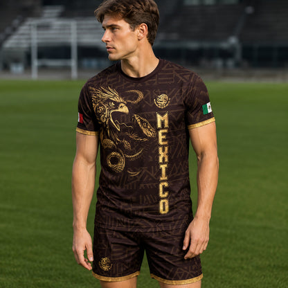 SJ-340-Mexico Aztec Eagle Soccer Jersey Set, Gold Calendar Football Shirts Sportswear Collection