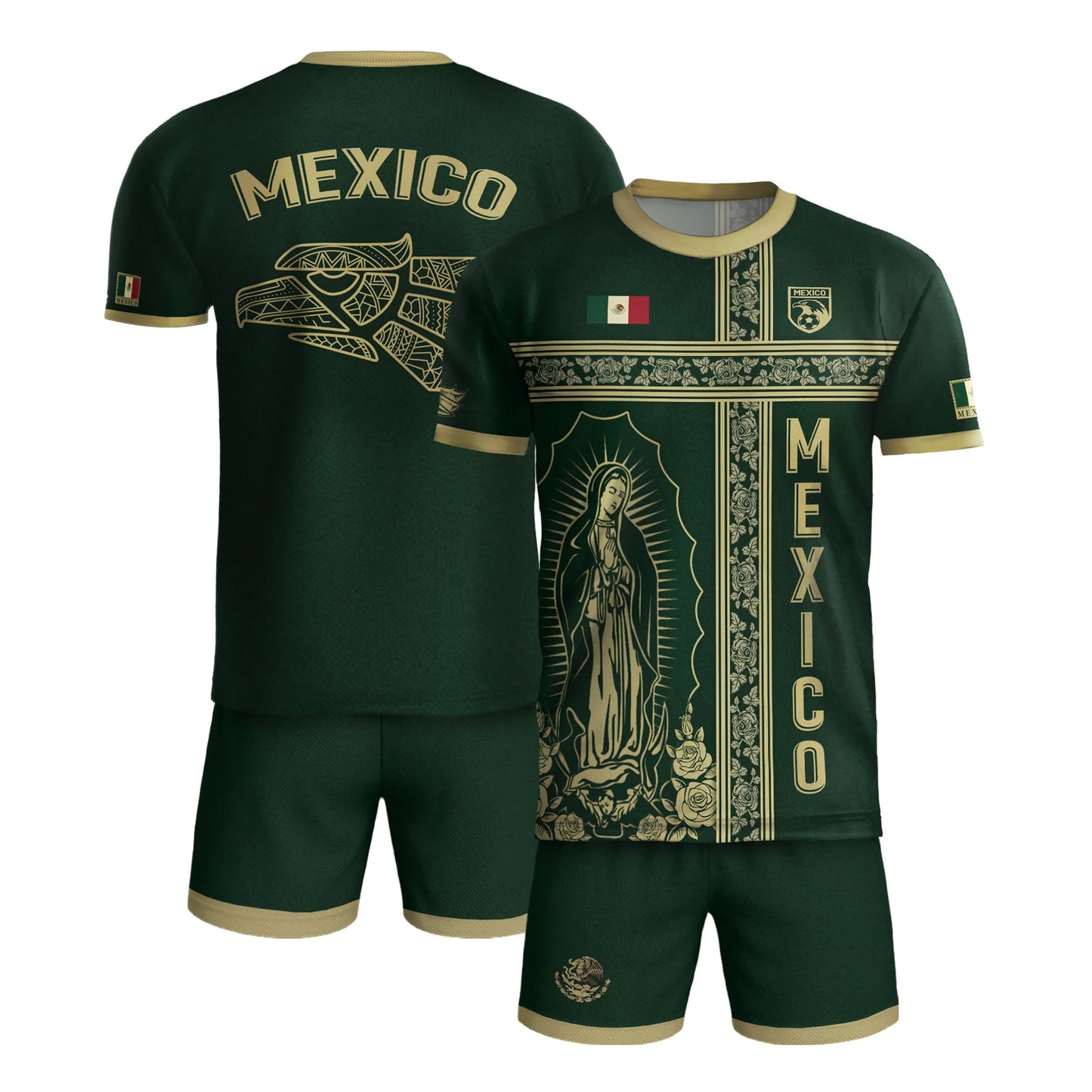 SJ-341-Mexican Culture Graphic Football Set, Vintage Aztec Eagle Pattern Team Jerseys