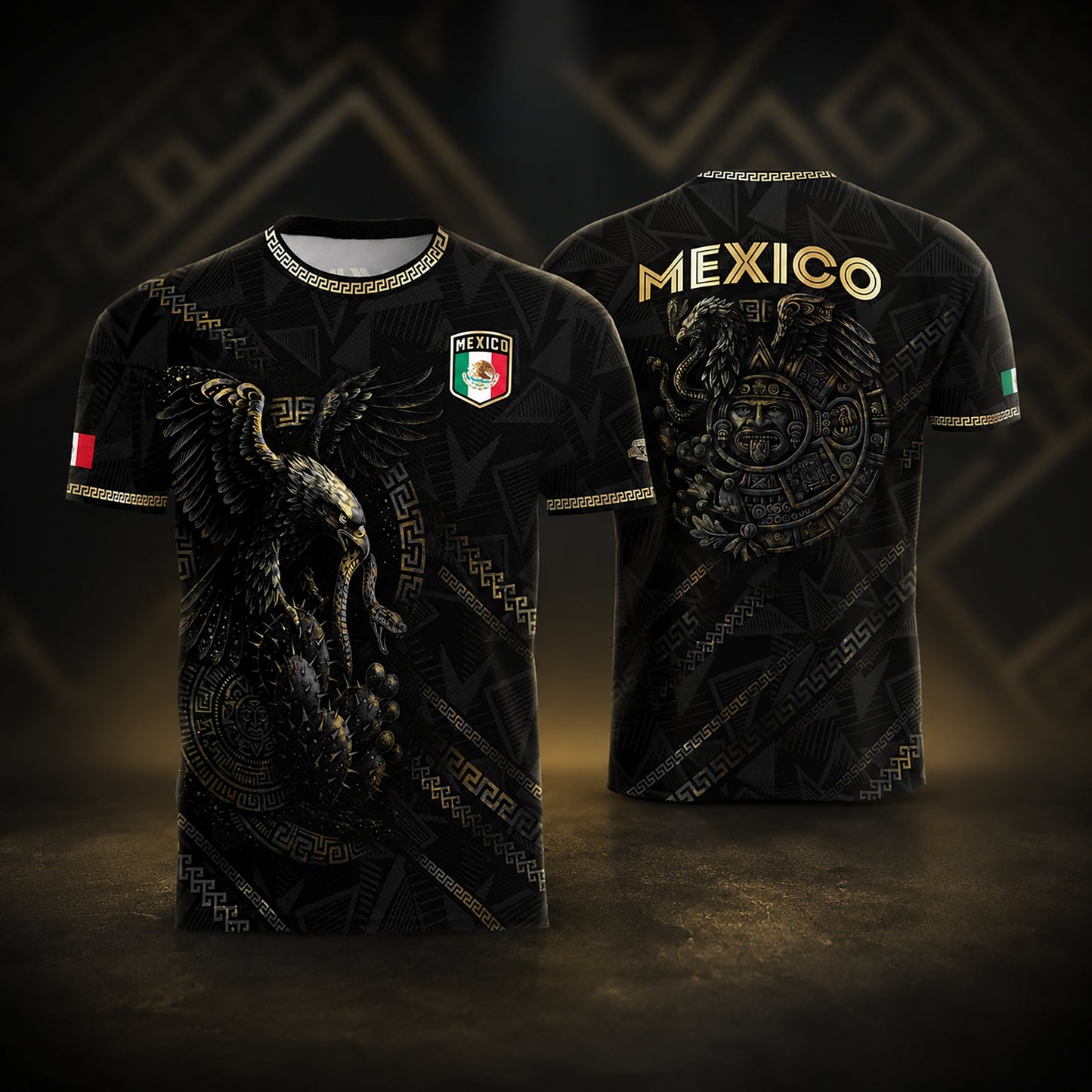 SJ-342-Black Mexico Aztec Eagle Soccer Jersey, Gold Calendar Football Shirt Sportswear Top