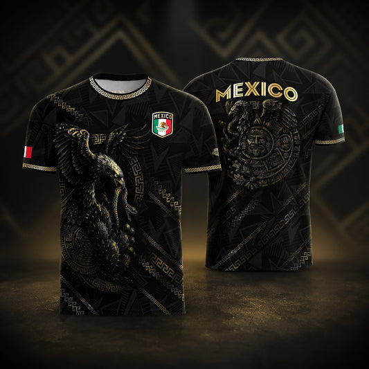 SJ-342-Black Mexico Aztec Eagle Soccer Jersey, Gold Calendar Football Shirt Sportswear Top