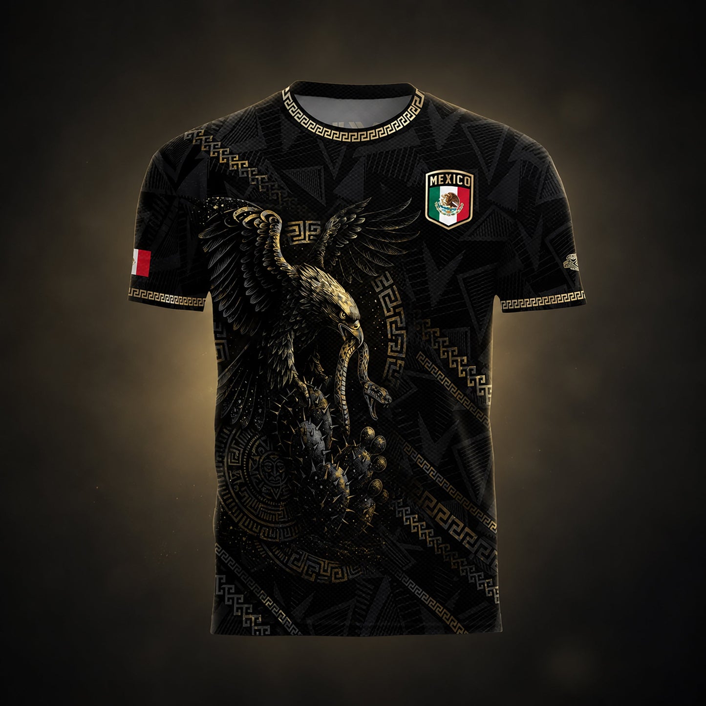 SJ-342-Black Mexico Aztec Eagle Soccer Jersey, Gold Calendar Football Shirt Sportswear Top