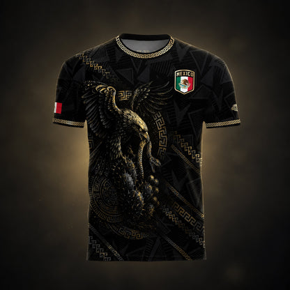 SJ-342-Black Mexico Aztec Eagle Soccer Jersey, Gold Calendar Football Shirt Sportswear Top