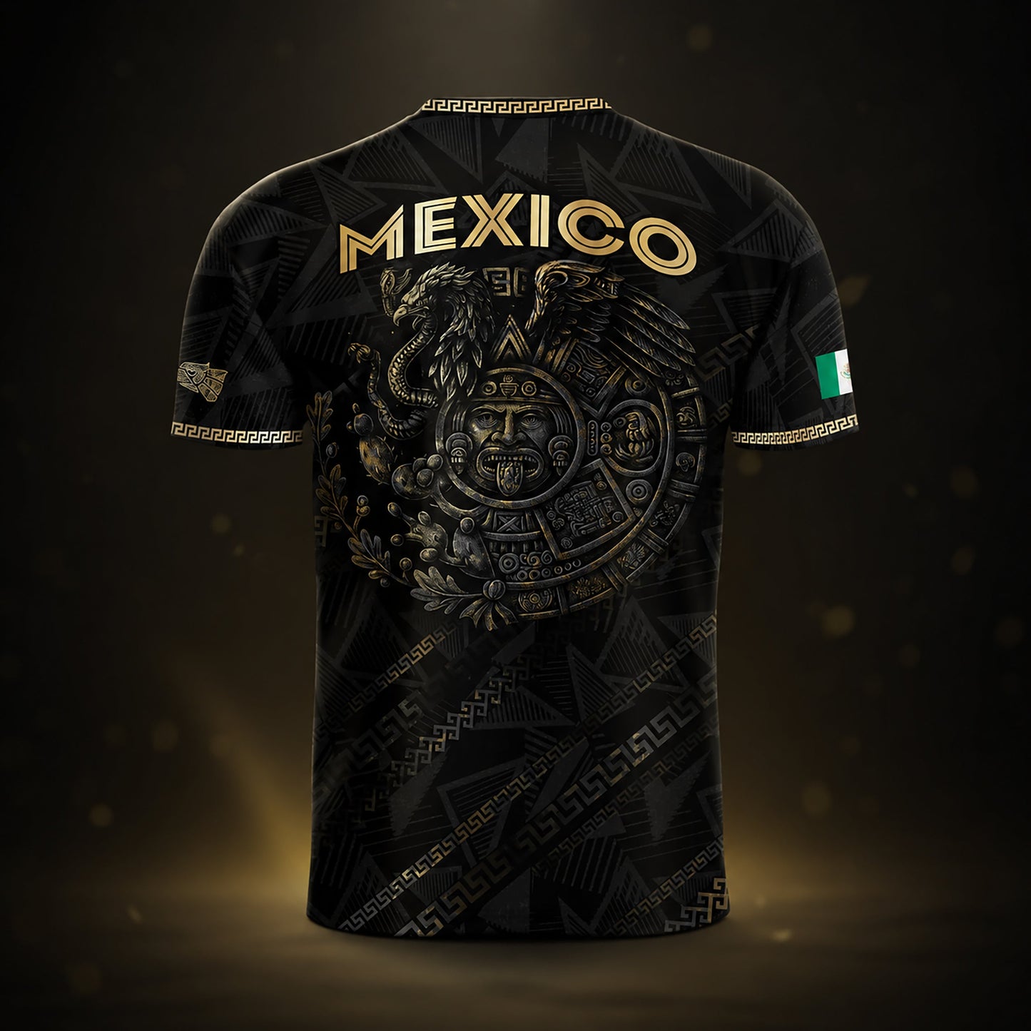 SJ-342-Black Mexico Aztec Eagle Soccer Jersey, Gold Calendar Football Shirt Sportswear Top