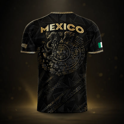 SJ-342-Black Mexico Aztec Eagle Soccer Jersey, Gold Calendar Football Shirt Sportswear Top