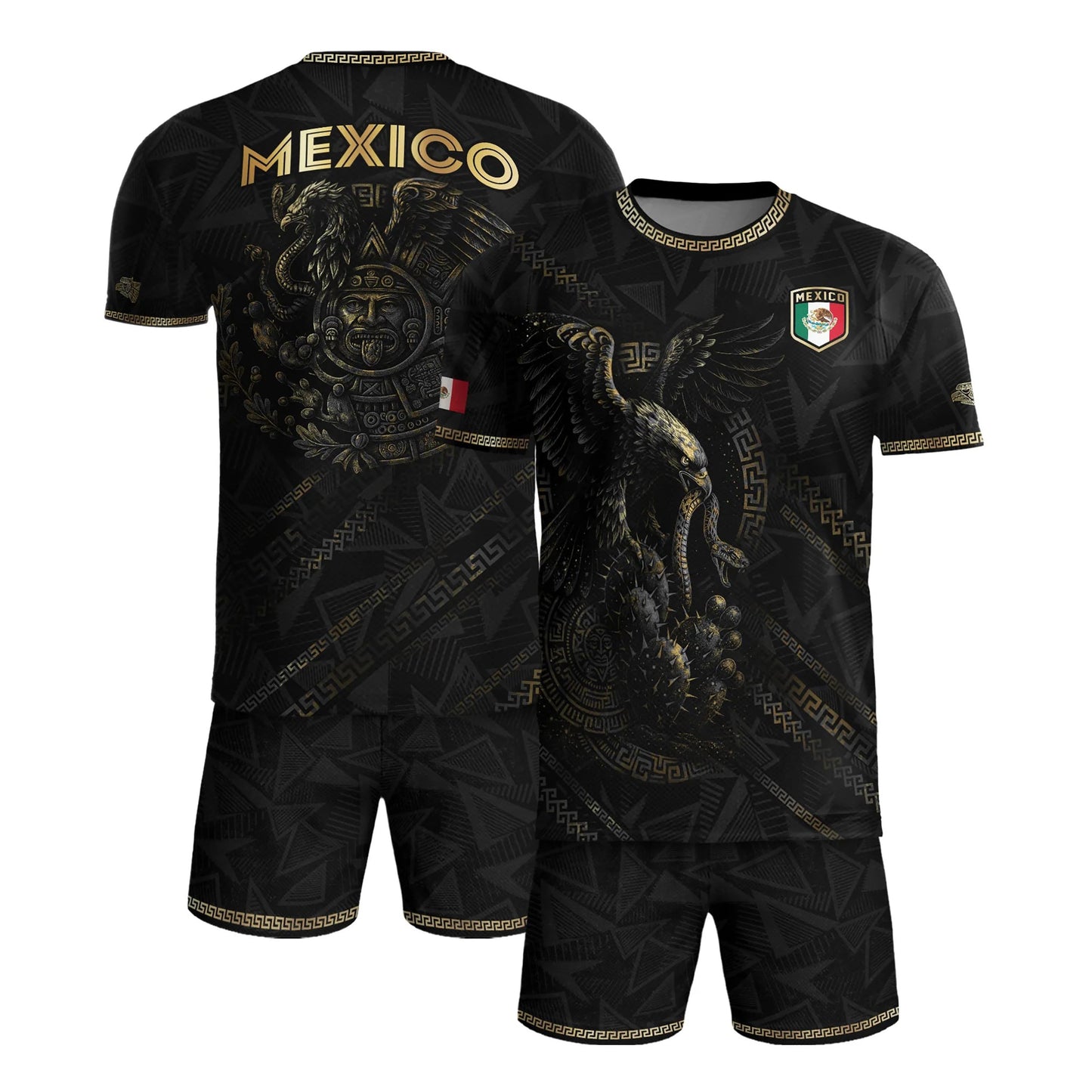 SJ-342-Black Mexico Aztec Eagle Soccer Jersey, Gold Calendar Football Shirt Sportswear Top