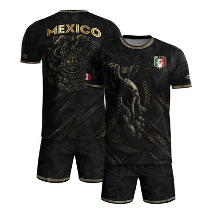SJ-342-Black Mexico Aztec Eagle Soccer Jersey, Gold Calendar Football Shirt Sportswear Top