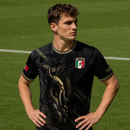 SJ-342-Black Mexico Aztec Eagle Soccer Jersey, Gold Calendar Football Shirt Sportswear Top