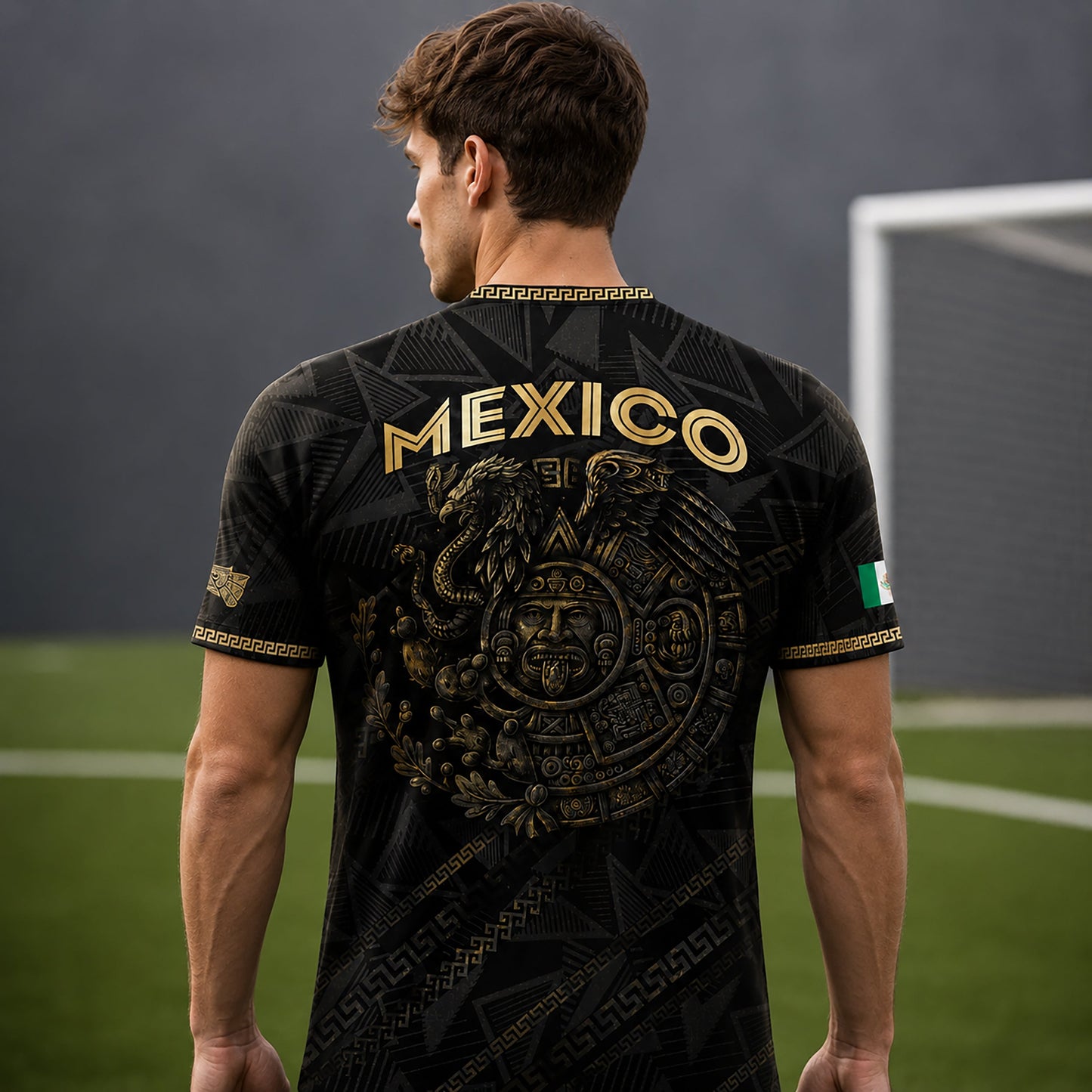 SJ-342-Black Mexico Aztec Eagle Soccer Jersey, Gold Calendar Football Shirt Sportswear Top