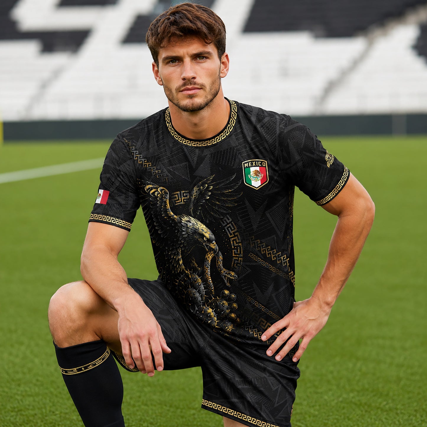 SJ-342-Black Mexico Aztec Eagle Soccer Jersey, Gold Calendar Football Shirt Sportswear Top
