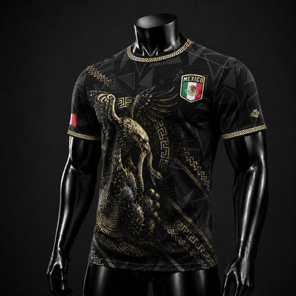 SJ-342-Black Mexico Aztec Eagle Soccer Jersey, Gold Calendar Football Shirt Sportswear Top