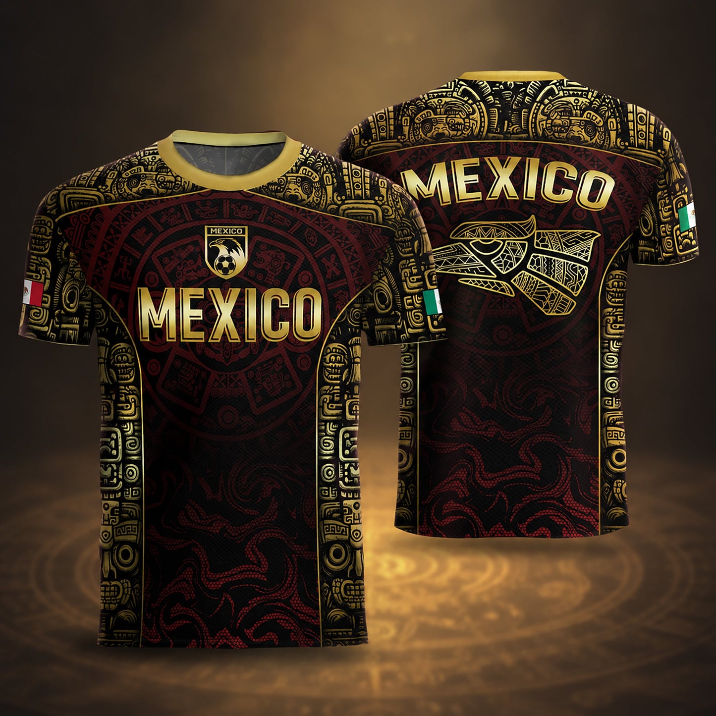 SJ-343-Maroon Mexico Aztec Eagle Soccer Jersey, Gold Print Calendar Football Shirt Sportswear Jersey