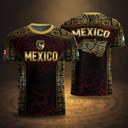 SJ-343-Maroon Mexico Aztec Eagle Soccer Jersey, Gold Print Calendar Football Shirt Sportswear Jersey