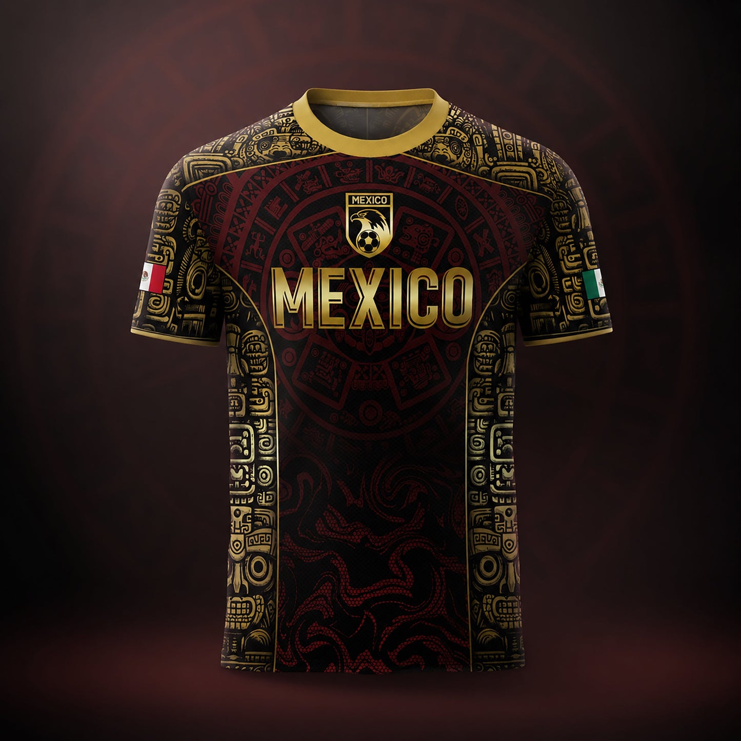 SJ-343-Maroon Mexico Aztec Eagle Soccer Jersey, Gold Print Calendar Football Shirt Sportswear Jersey