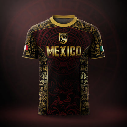 SJ-343-Maroon Mexico Aztec Eagle Soccer Jersey, Gold Print Calendar Football Shirt Sportswear Jersey