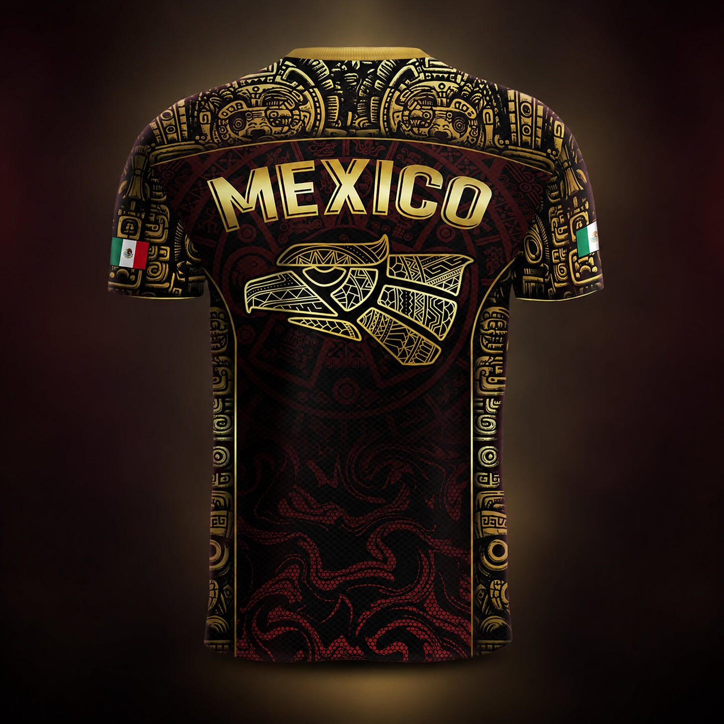 SJ-343-Maroon Mexico Aztec Eagle Soccer Jersey, Gold Print Calendar Football Shirt Sportswear Jersey