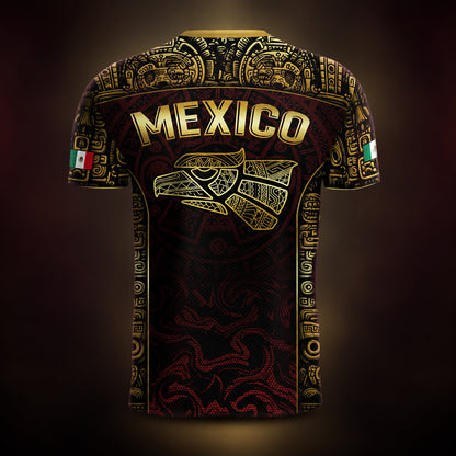 SJ-343-Maroon Mexico Aztec Eagle Soccer Jersey, Gold Print Calendar Football Shirt Sportswear Jersey