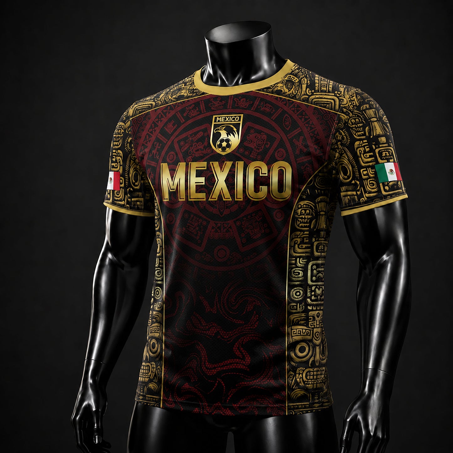 SJ-343-Maroon Mexico Aztec Eagle Soccer Jersey, Gold Print Calendar Football Shirt Sportswear Jersey